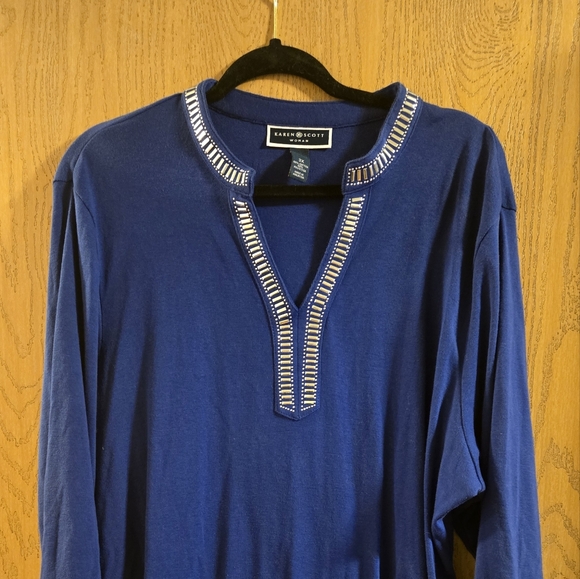 Blue Long Sleeve Tee with Embellished Neckline - Picture 5 of 5